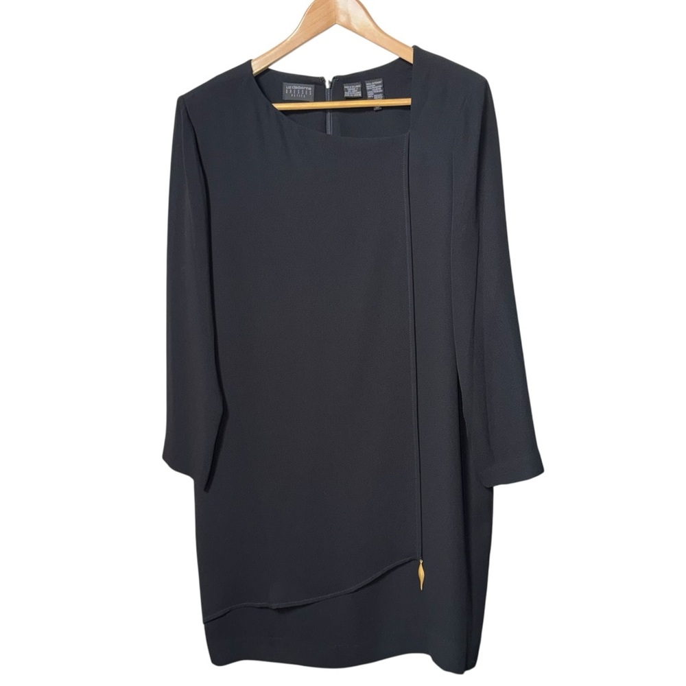 Liz Claiborne black dress overlapping panel three-quarter sleeves 14P